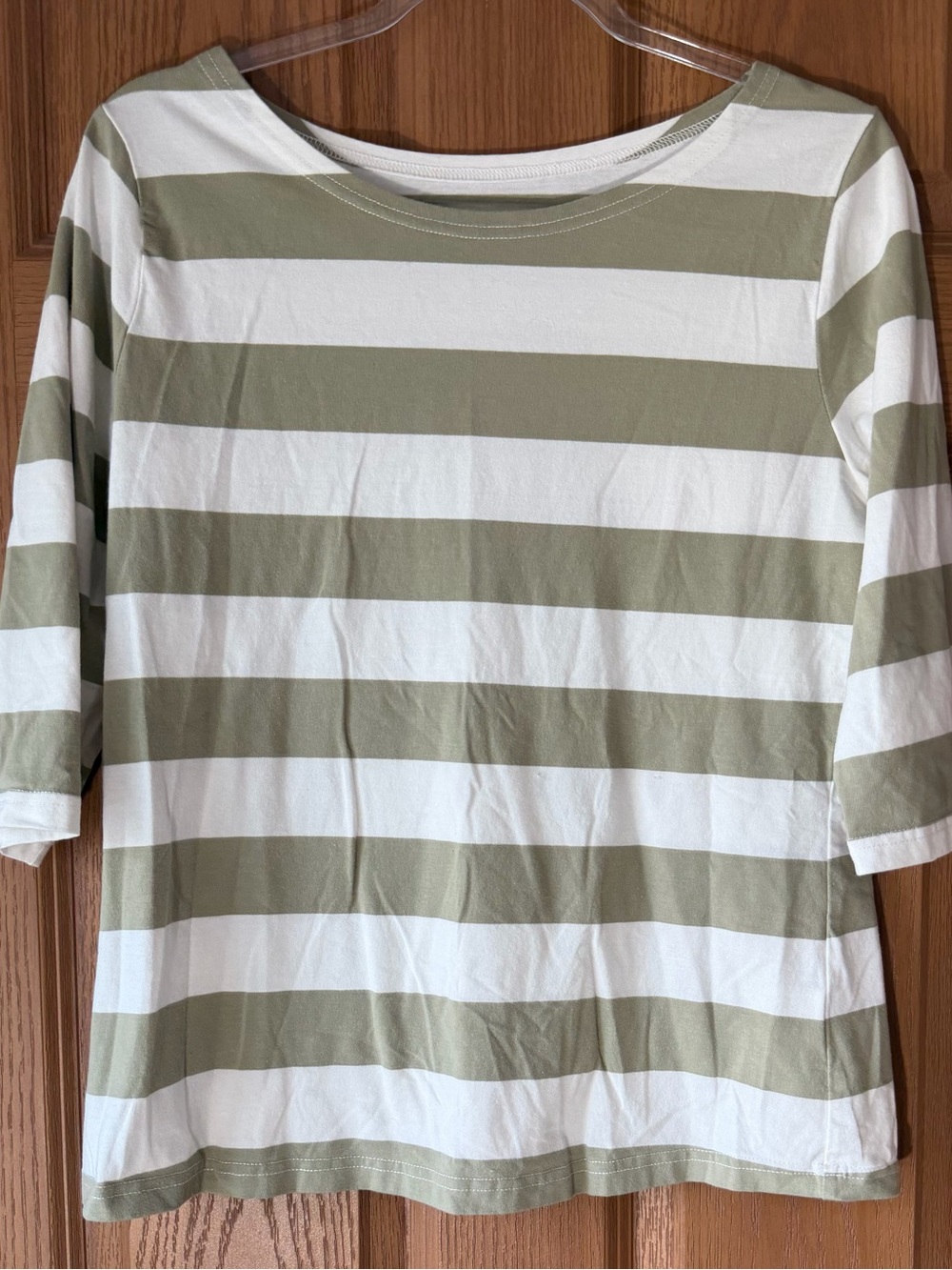 Women’s Olive Green & White Striped Boatneck Blouse